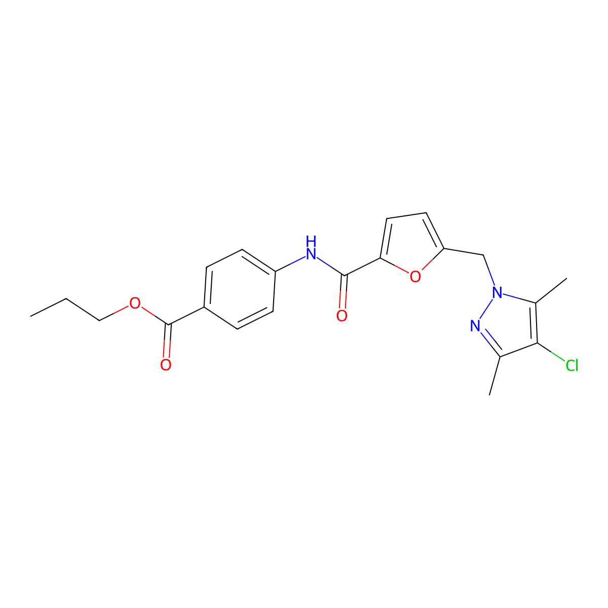 Propyl 4-[[5-[(4-chloro-3,5-dimethylpyrazol-1-yl)methyl]furan-2-carbonyl]amino]benzoate molecular structure, CAS 515175-94-7