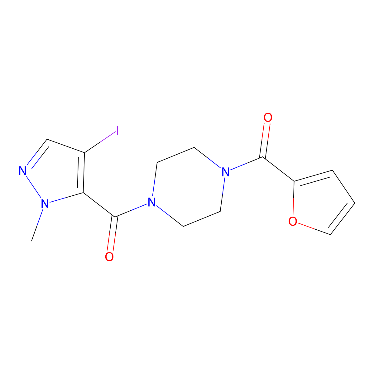 Furan-2-yl-[4-(4-iodo-2-methylpyrazole-3-carbonyl)piperazin-1-yl]methanone molecular structure, CAS 515176-35-9