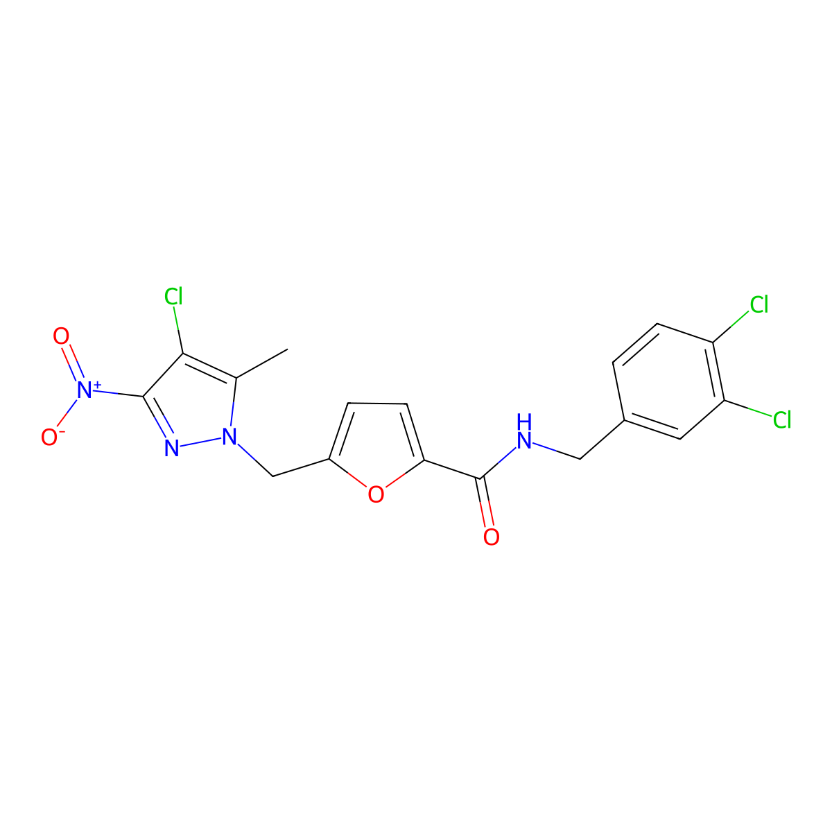 5-[(4-chloro-5-methyl-3-nitropyrazol-1-yl)methyl]-N-[(3,4-dichlorophenyl)methyl]furan-2-carboxamide molecular structure, CAS 515176-38-2