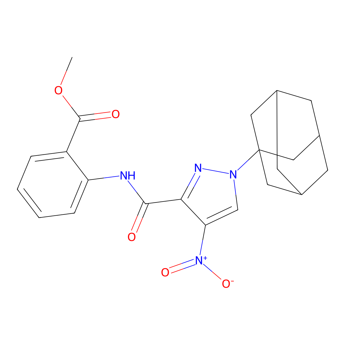 Methyl 2-[[1-(1-adamantyl)-4-nitropyrazole-3-carbonyl]amino]benzoate molecular structure, CAS 515176-74-6