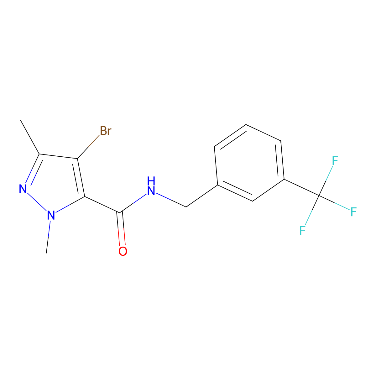 4-bromo-2,5-dimethyl-N-[[3-(trifluoromethyl)phenyl]methyl]pyrazole-3-carboxamide molecular structure, CAS 515177-43-2