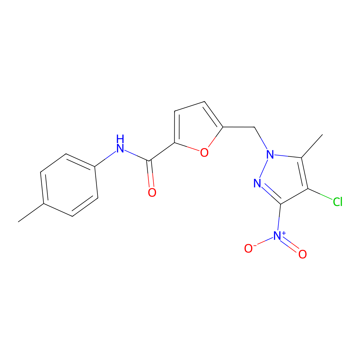 5-({4-chloro-3-nitro-5-methyl-1H-pyrazol-1-yl}methyl)-N-(4-methylphenyl)-2-furamide molecular structure, CAS 515177-51-2