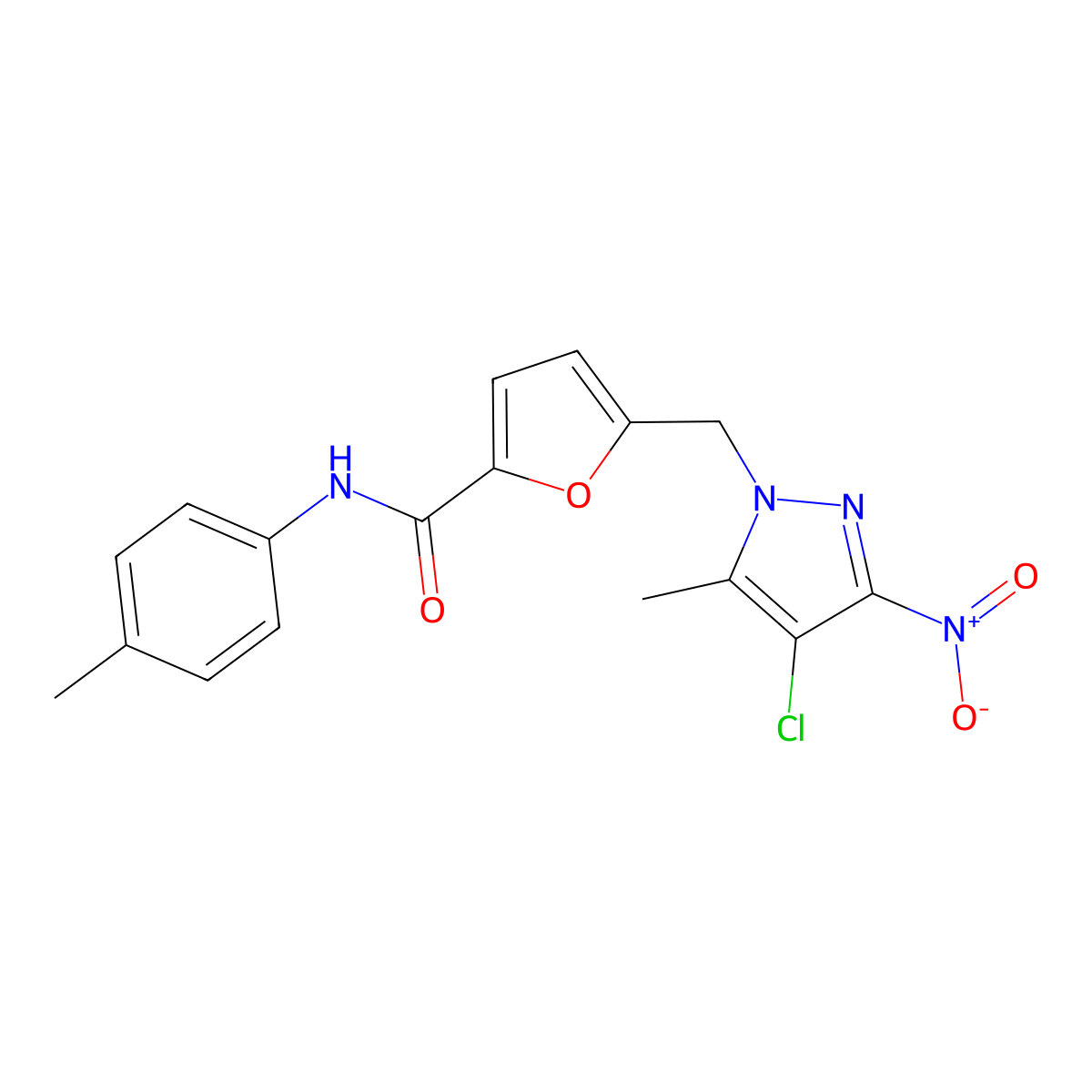 5-({4-chloro-3-nitro-5-methyl-1H-pyrazol-1-yl}methyl)-N-(4-methylphenyl)-2-furamide molecular structure, CAS 515177-51-2