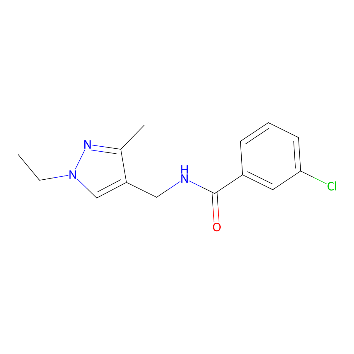3-chloro-N-[(1-ethyl-3-methyl-1H-pyrazol-4-yl)methyl]benzamide molecular structure, CAS 515177-71-6