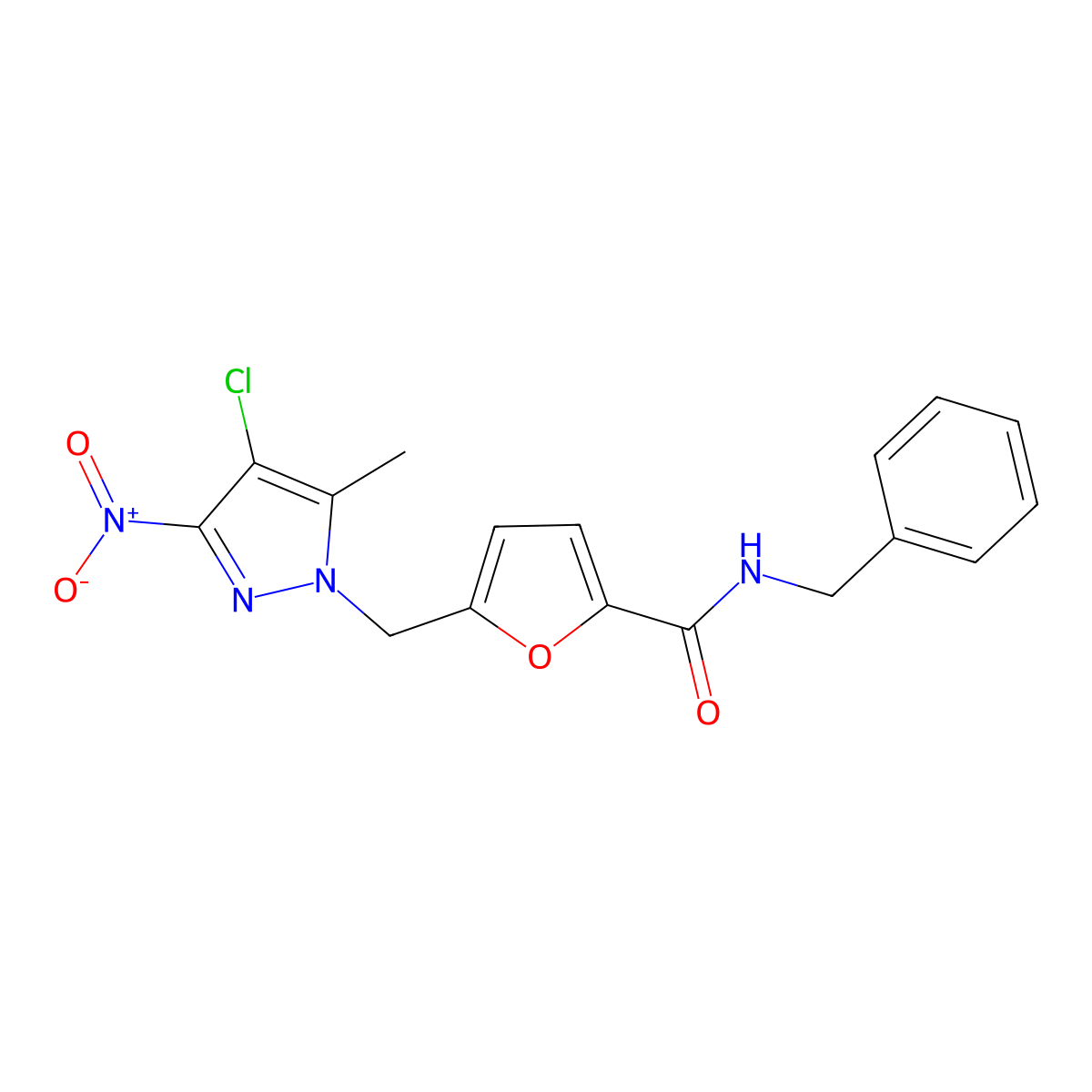 N-benzyl-5-[(4-chloro-5-methyl-3-nitropyrazol-1-yl)methyl]furan-2-carboxamide molecular structure, CAS 515177-95-4