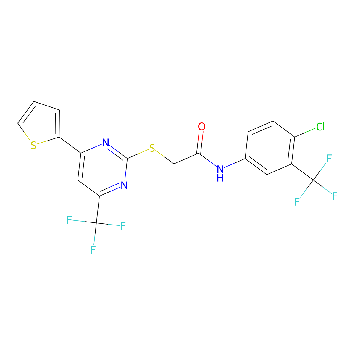 N-[4-chloro-3-(trifluoromethyl)phenyl]-2-[4-thiophen-2-yl-6-(trifluoromethyl)pyrimidin-2-yl]sulfanylacetamide molecular structure, CAS 5156-27-4