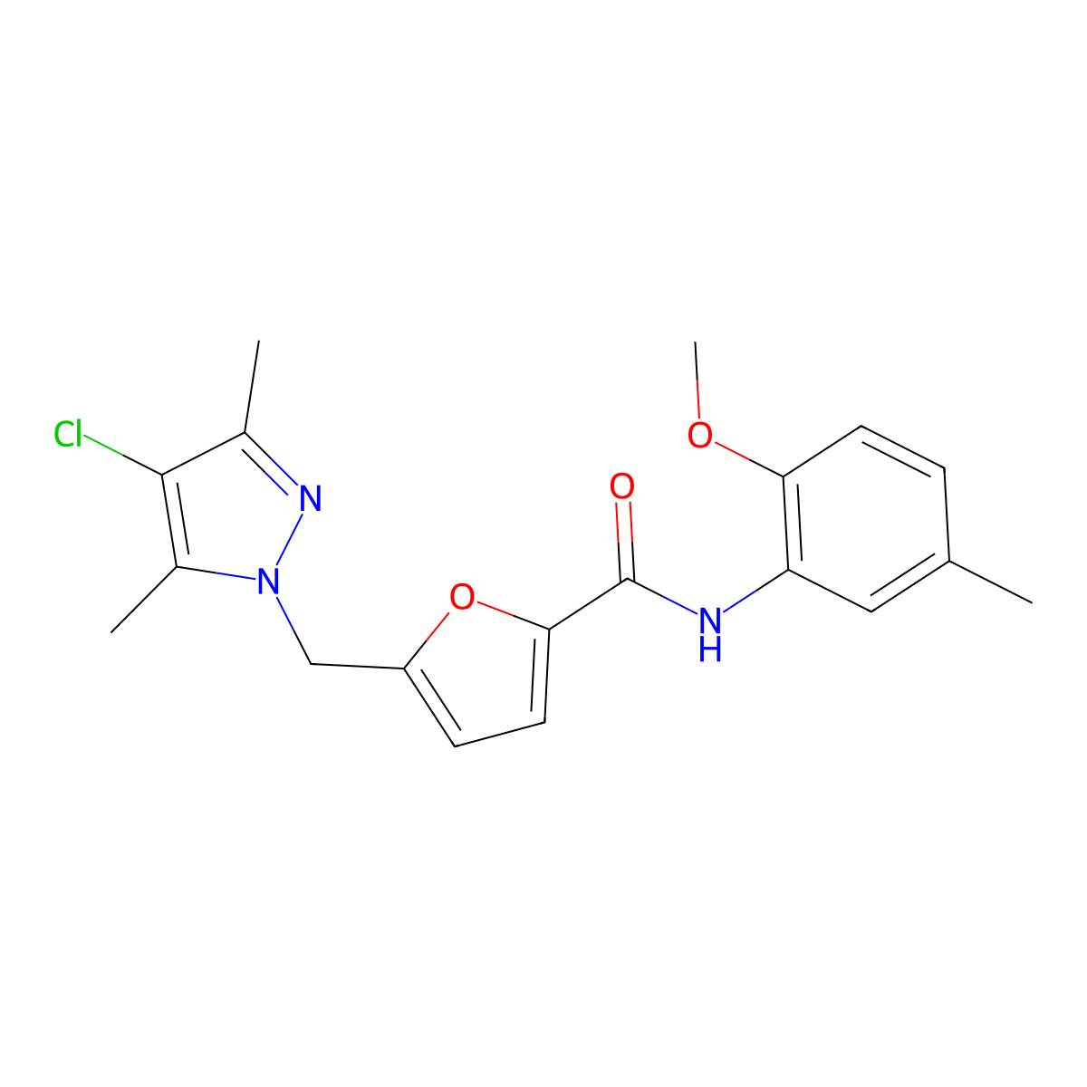 5-[(4-chloro-3,5-dimethylpyrazol-1-yl)methyl]-N-(2-methoxy-5-methylphenyl)furan-2-carboxamide molecular structure, CAS 515828-60-1