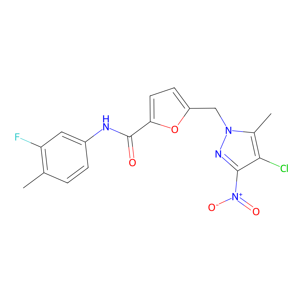 5-[(4-chloro-5-methyl-3-nitropyrazol-1-yl)methyl]-N-(3-fluoro-4-methylphenyl)furan-2-carboxamide molecular structure, CAS 515828-77-0