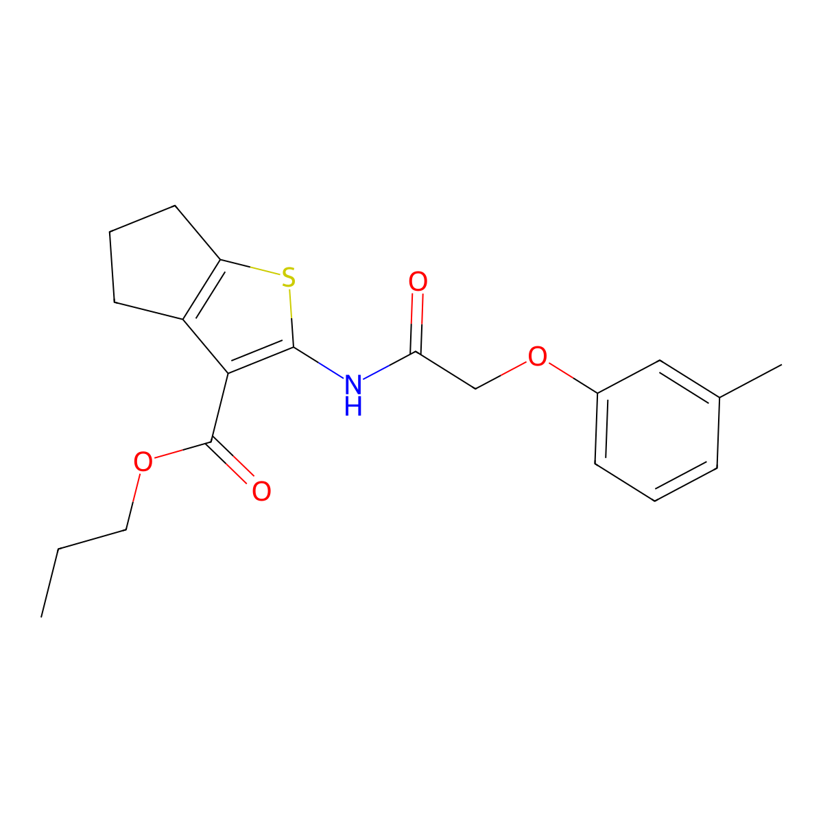 propyl 2-{[(3-methylphenoxy)acetyl]amino}-5,6-dihydro-4H-cyclopenta[b]thiophene-3-carboxylate molecular structure, CAS 515828-79-2