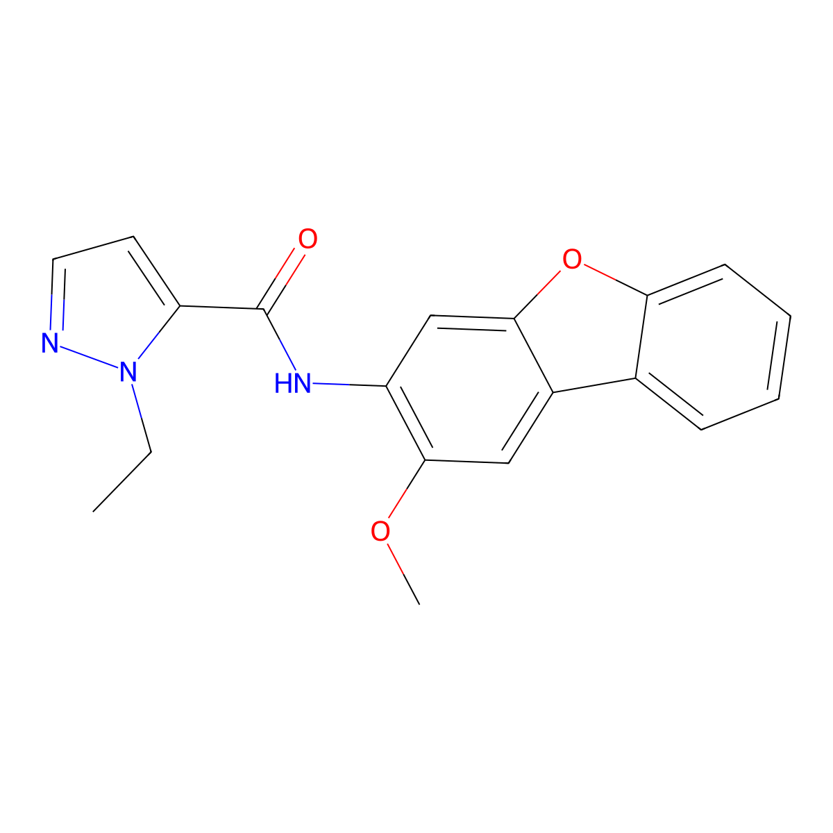 2-ethyl-N-(2-methoxydibenzofuran-3-yl)pyrazole-3-carboxamide molecular structure, CAS 515828-83-8