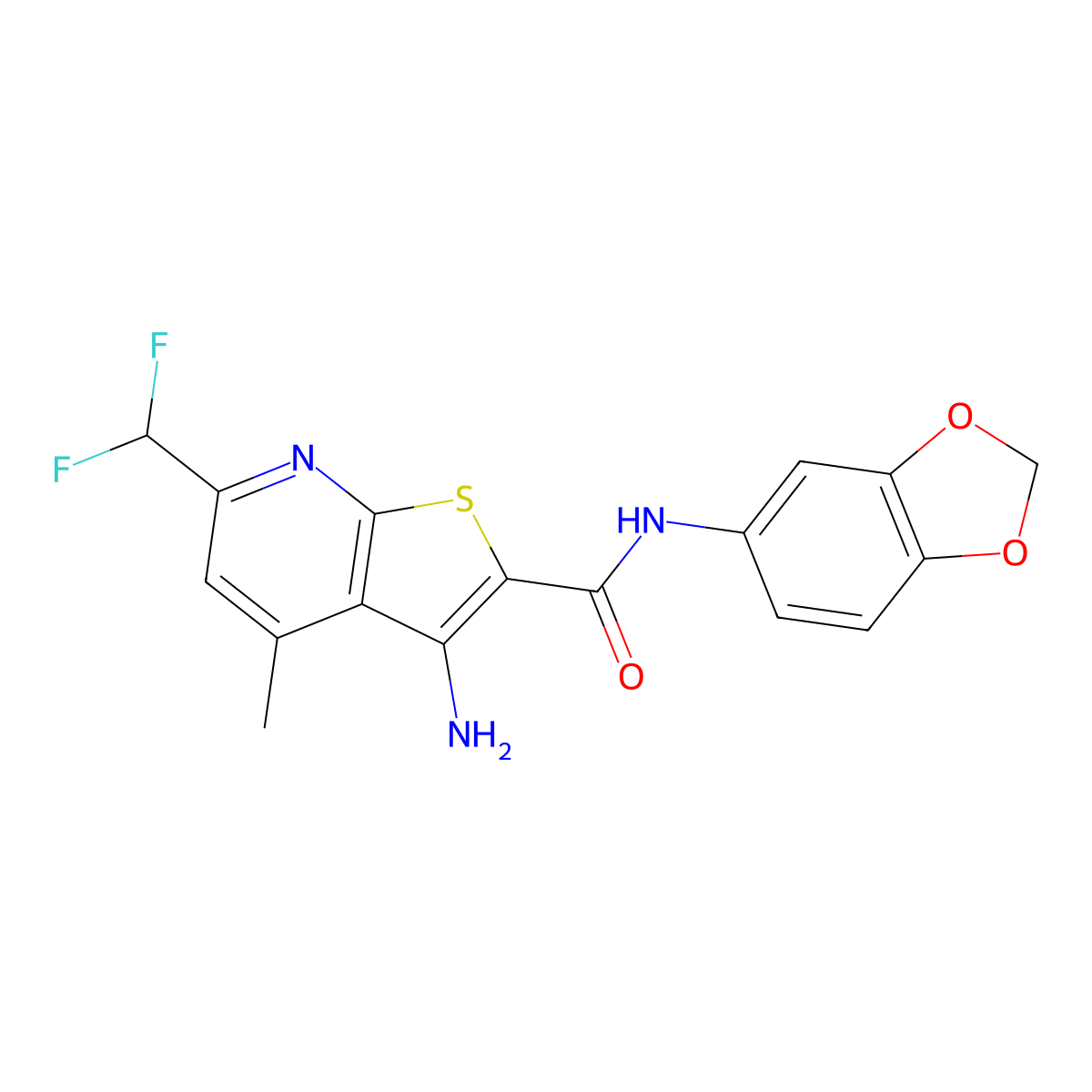 3-amino-N-(1,3-benzodioxol-5-yl)-6-(difluoromethyl)-4-methylthieno[2,3-b]pyridine-2-carboxamide molecular structure, CAS 515828-91-8