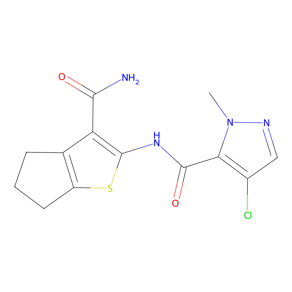 N-(3-carbamoyl-5,6-dihydro-4H-cyclopenta[b]thiophen-2-yl)-4-chloro-2-methyl-3-pyrazolecarboxamide molecular structure, CAS 515829-40-0