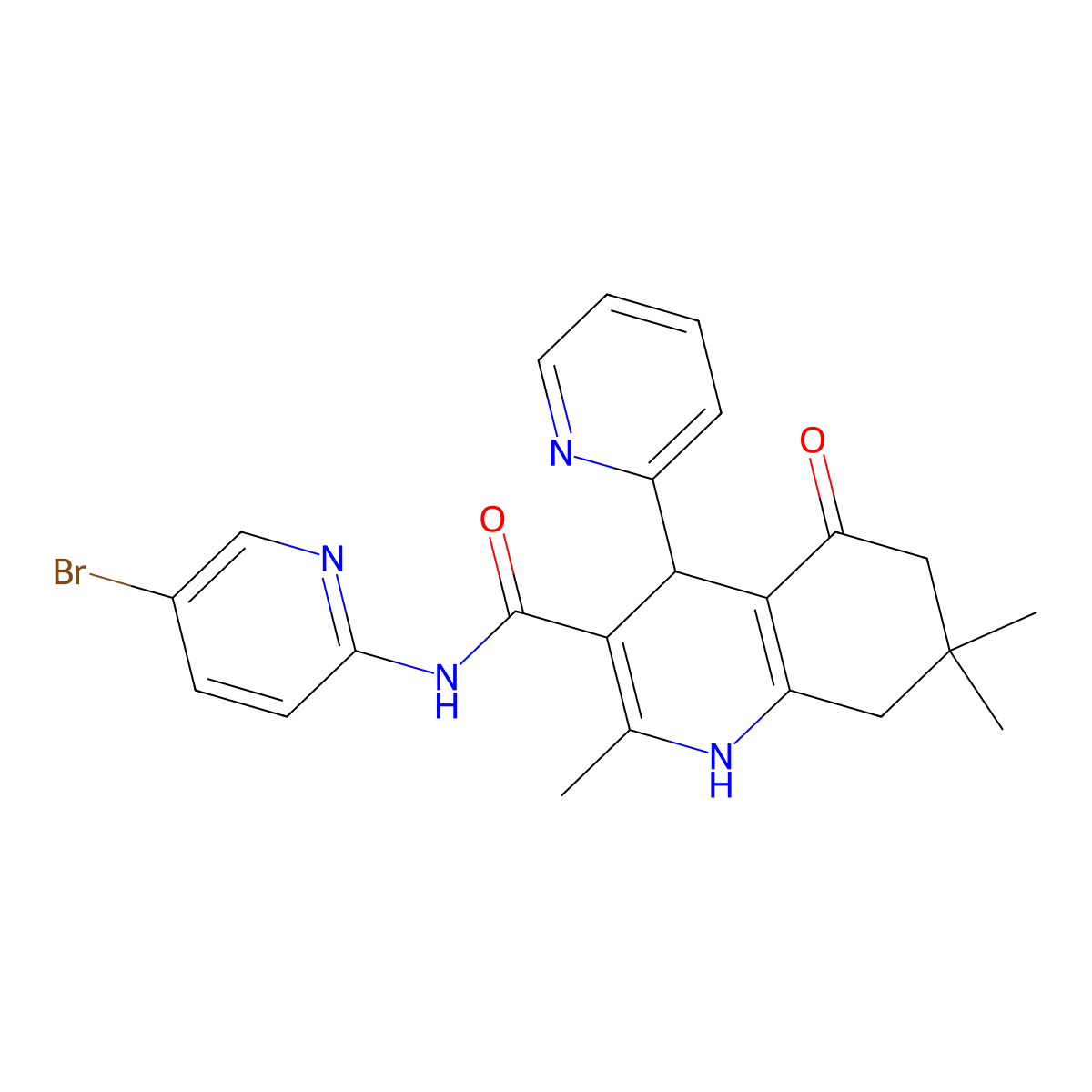 N-(5-bromopyridin-2-yl)-2,7,7-trimethyl-5-oxo-4-pyridin-2-yl-1,4,6,8-tetrahydroquinoline-3-carboxamide molecular structure, CAS 515829-63-7