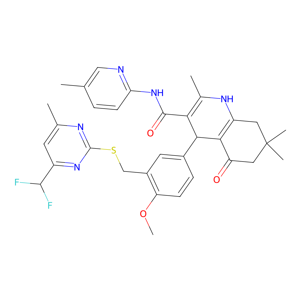 4-[3-[[4-(difluoromethyl)-6-methylpyrimidin-2-yl]sulfanylmethyl]-4-methoxyphenyl]-2,7,7-trimethyl-N-(5-methylpyridin-2-yl)-5-oxo-1,4,6,8-tetrahydroquinoline-3-carboxamide molecular structure, CAS 515829-71-7