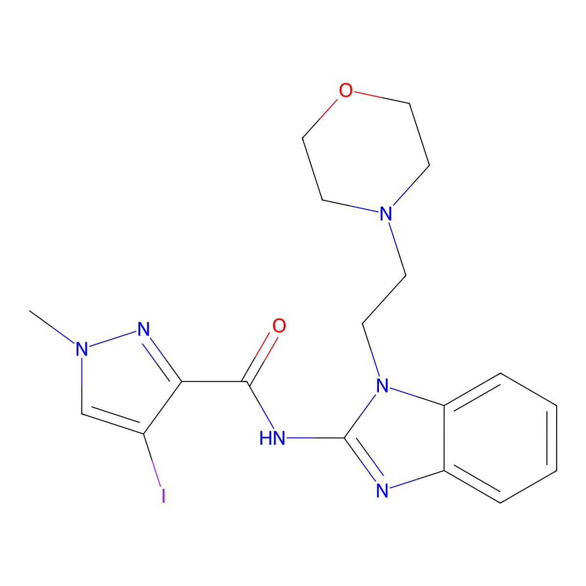 4-iodo-1-methyl-N-[1-(2-morpholin-4-ylethyl)benzimidazol-2-yl]pyrazole-3-carboxamide molecular structure, CAS 515829-90-0