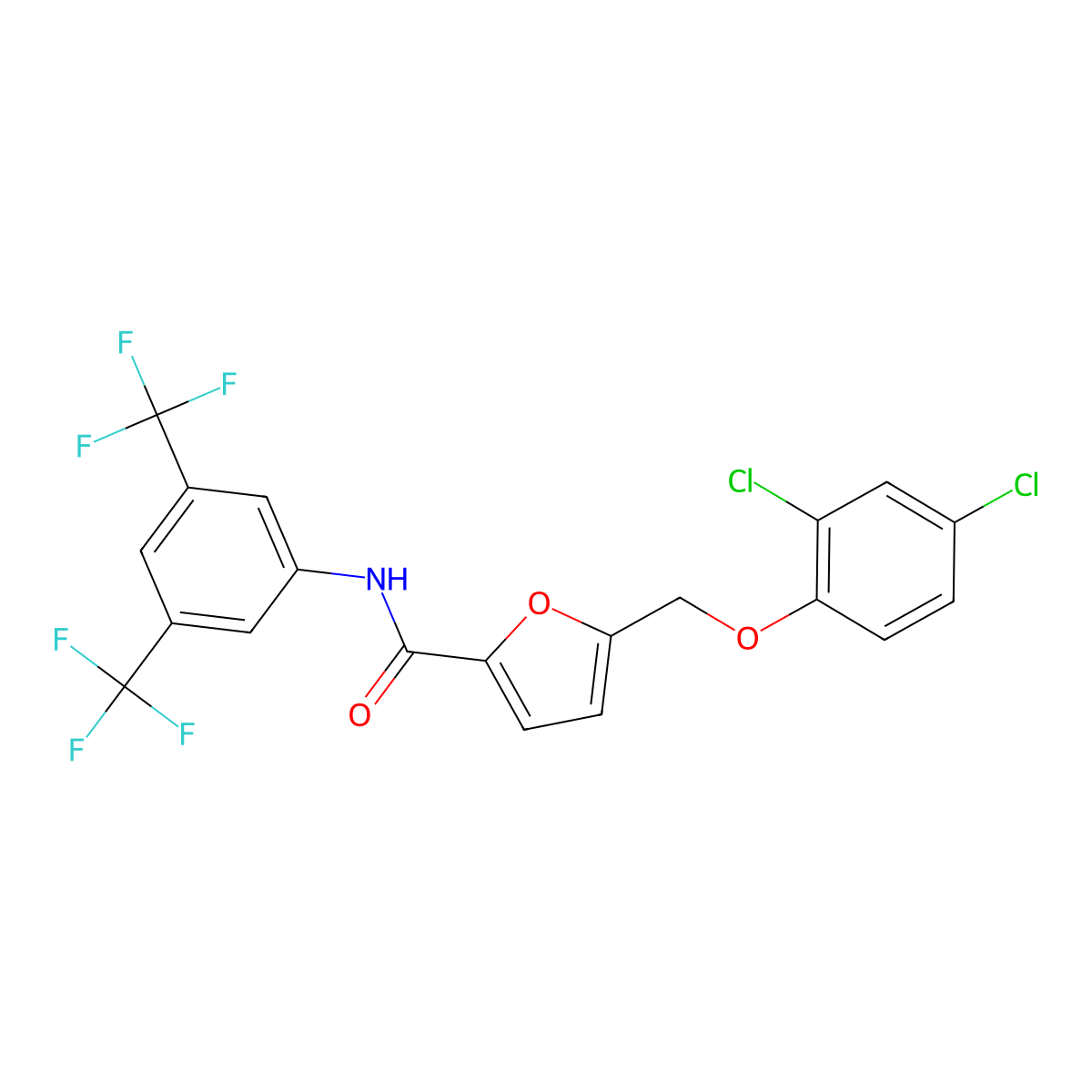 2-Furancarboxamide, N-(3,5-bis(trifluoromethyl)phenyl)-5-((2,4-dichlorophenoxy)methyl)- molecular structure, CAS 515830-00-9