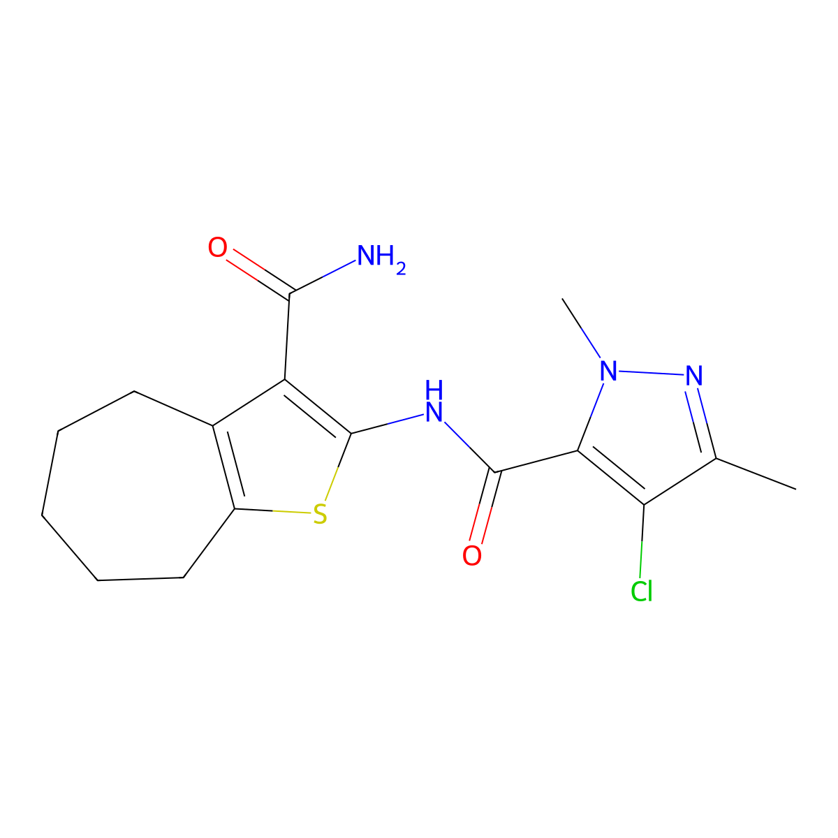 N-(3-carbamoyl-5,6,7,8-tetrahydro-4H-cyclohepta[b]thiophen-2-yl)-4-chloro-2,5-dimethylpyrazole-3-carboxamide molecular structure, CAS 515830-41-8