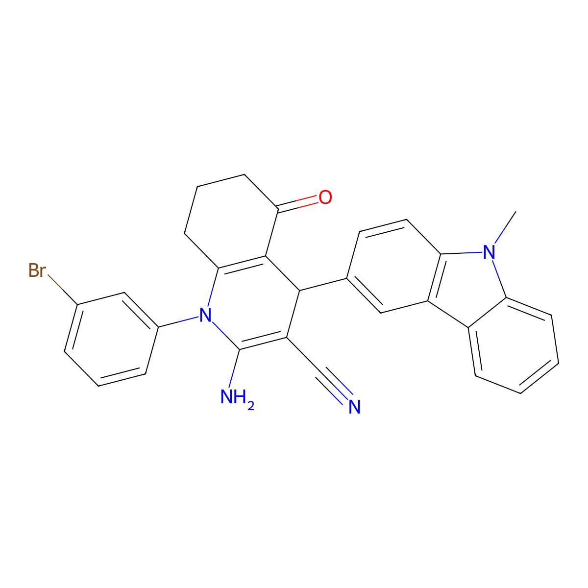 2-Amino-1-(3-bromophenyl)-4-(9-methylcarbazol-3-yl)-5-oxo-4,6,7,8-tetrahydroquinoline-3-carbonitrile molecular structure, CAS 515830-84-9
