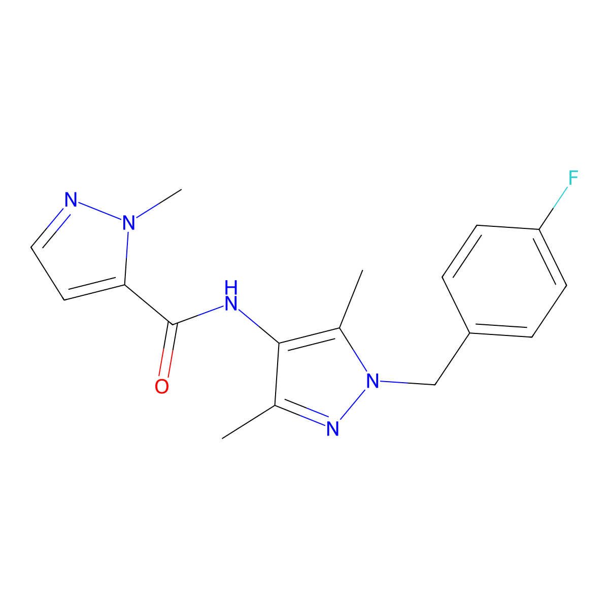 N-[1-[(4-fluorophenyl)methyl]-3,5-dimethylpyrazol-4-yl]-2-methylpyrazole-3-carboxamide molecular structure, CAS 515831-47-7