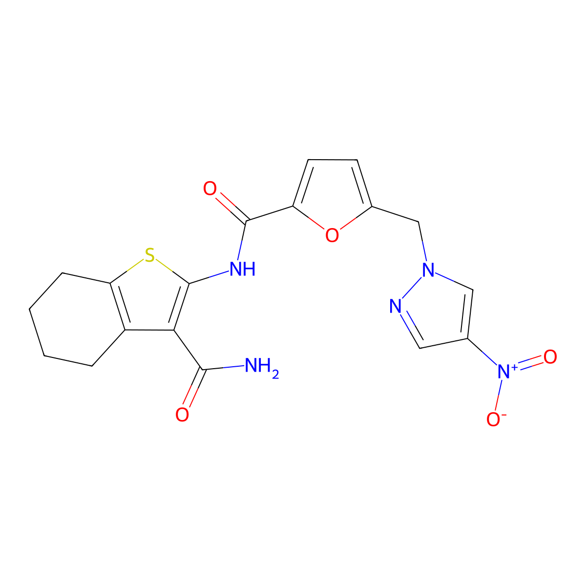 N-(3-carbamoyl-4,5,6,7-tetrahydro-1-benzothiophen-2-yl)-5-[(4-nitropyrazol-1-yl)methyl]furan-2-carboxamide molecular structure, CAS 515831-48-8