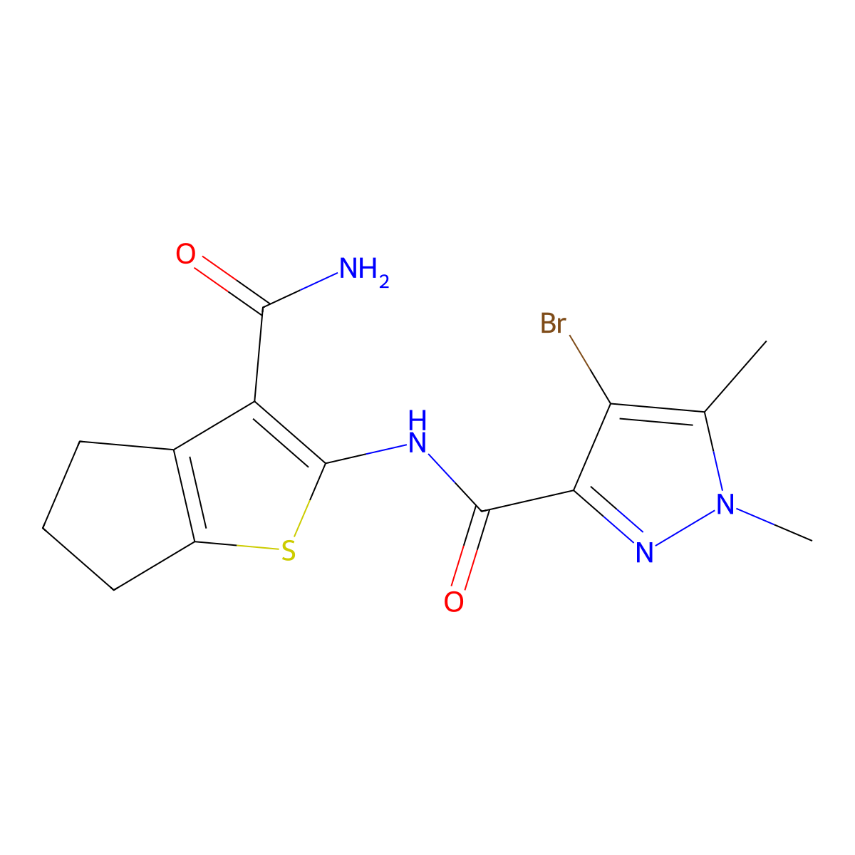 4-bromo-N-(3-carbamoyl-5,6-dihydro-4H-cyclopenta[b]thiophen-2-yl)-1,5-dimethylpyrazole-3-carboxamide molecular structure, CAS 515831-62-6