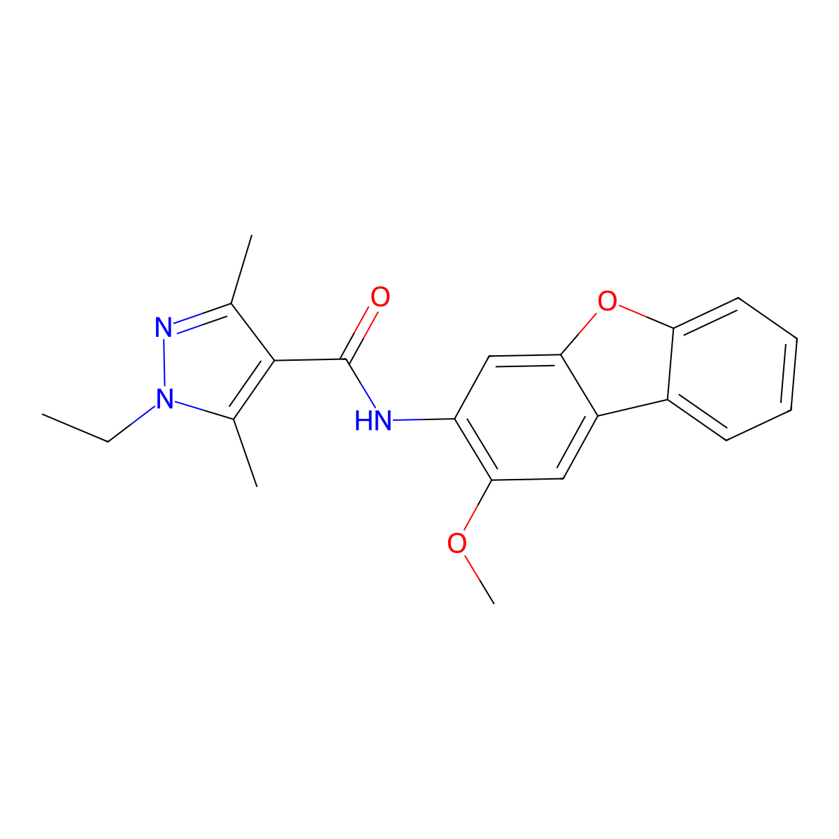 1-ethyl-N-(2-methoxydibenzofuran-3-yl)-3,5-dimethylpyrazole-4-carboxamide molecular structure, CAS 515831-95-5