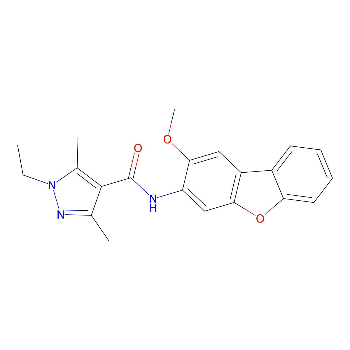 1-ethyl-N-(2-methoxydibenzofuran-3-yl)-3,5-dimethylpyrazole-4-carboxamide molecular structure, CAS 515831-95-5