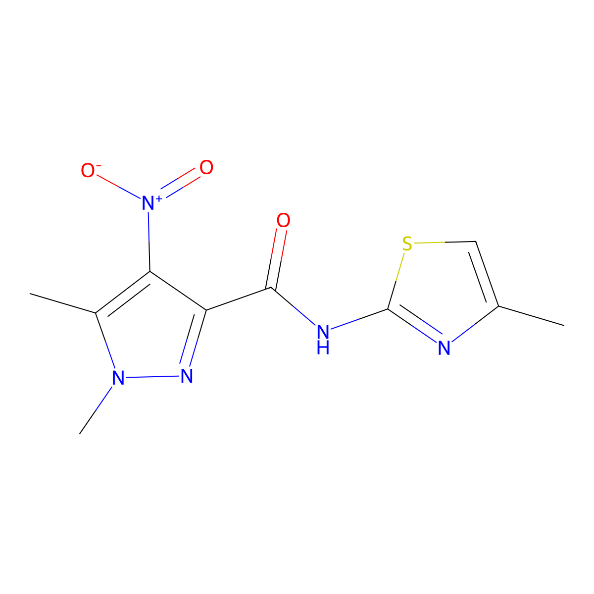 1,5-dimethyl-N-(4-methyl-1,3-thiazol-2-yl)-4-nitropyrazole-3-carboxamide molecular structure, CAS 515832-00-5