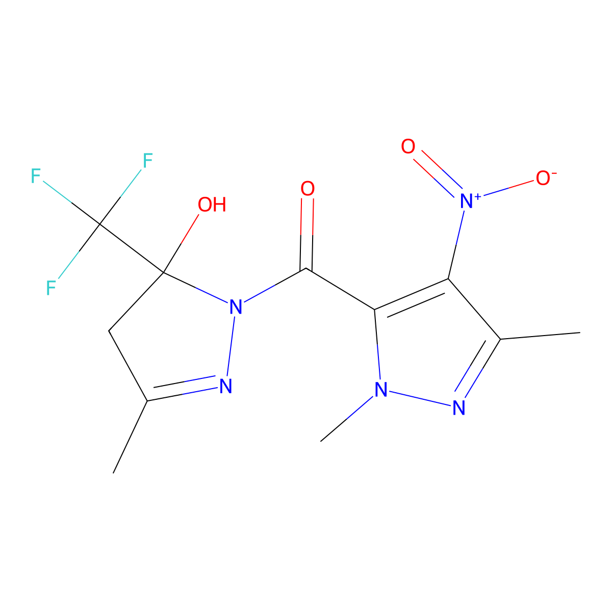 1-({4-nitro-1,3-dimethyl-1H-pyrazol-5-yl}carbonyl)-3-methyl-5-(trifluoromethyl)-4,5-dihydro-1H-pyrazol-5-ol molecular structure, CAS 515832-03-8