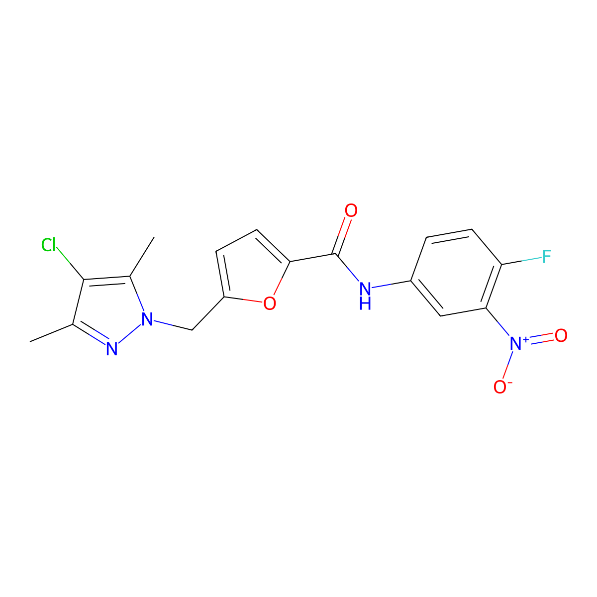 5-[(4-chloro-3,5-dimethylpyrazol-1-yl)methyl]-N-(4-fluoro-3-nitrophenyl)furan-2-carboxamide molecular structure, CAS 515832-67-4