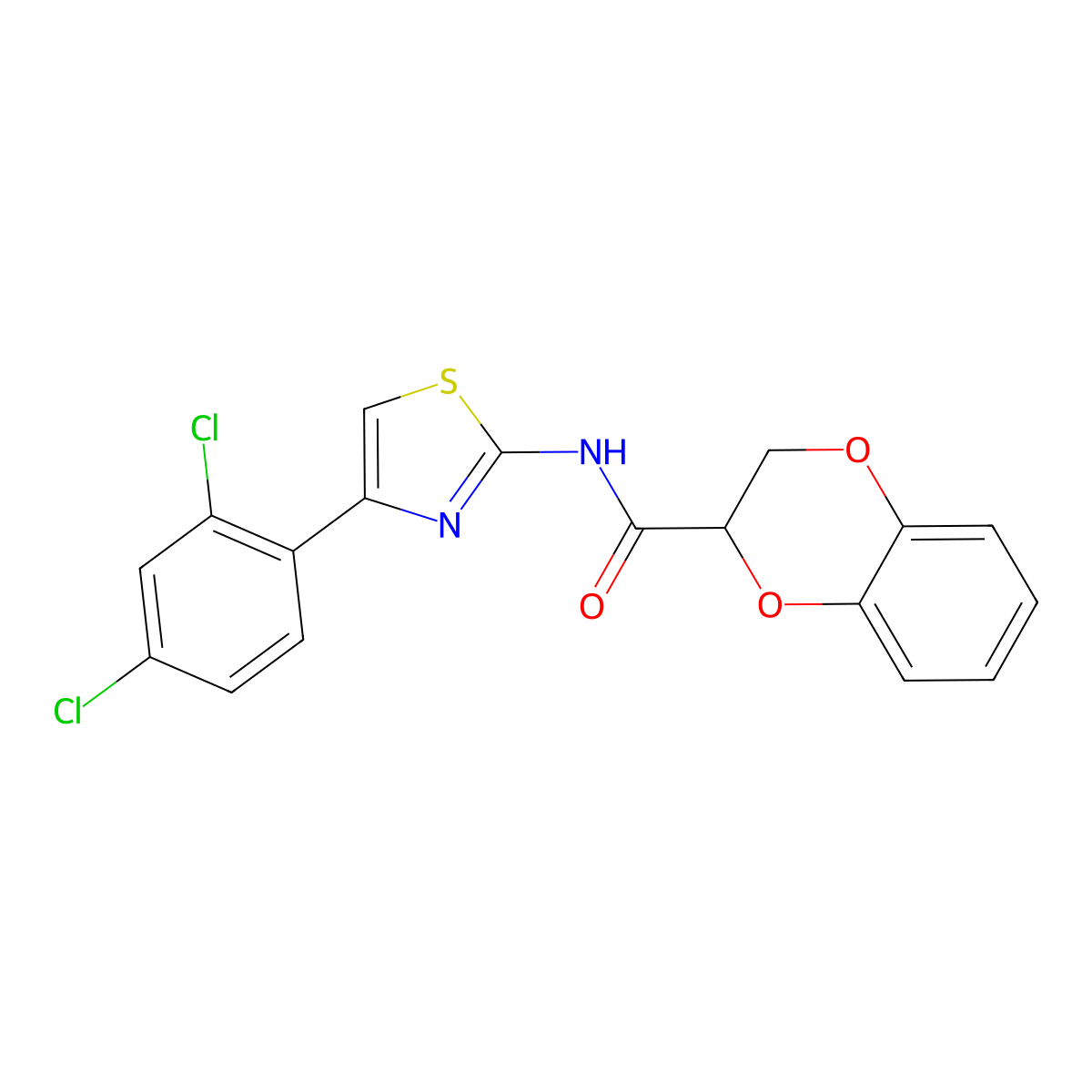 N-(4-(2,4-dichlorophenyl)thiazol-2-yl)-2,3-dihydrobenzo[b][1,4]dioxine-2-carboxamide molecular structure, CAS 515841-86-8