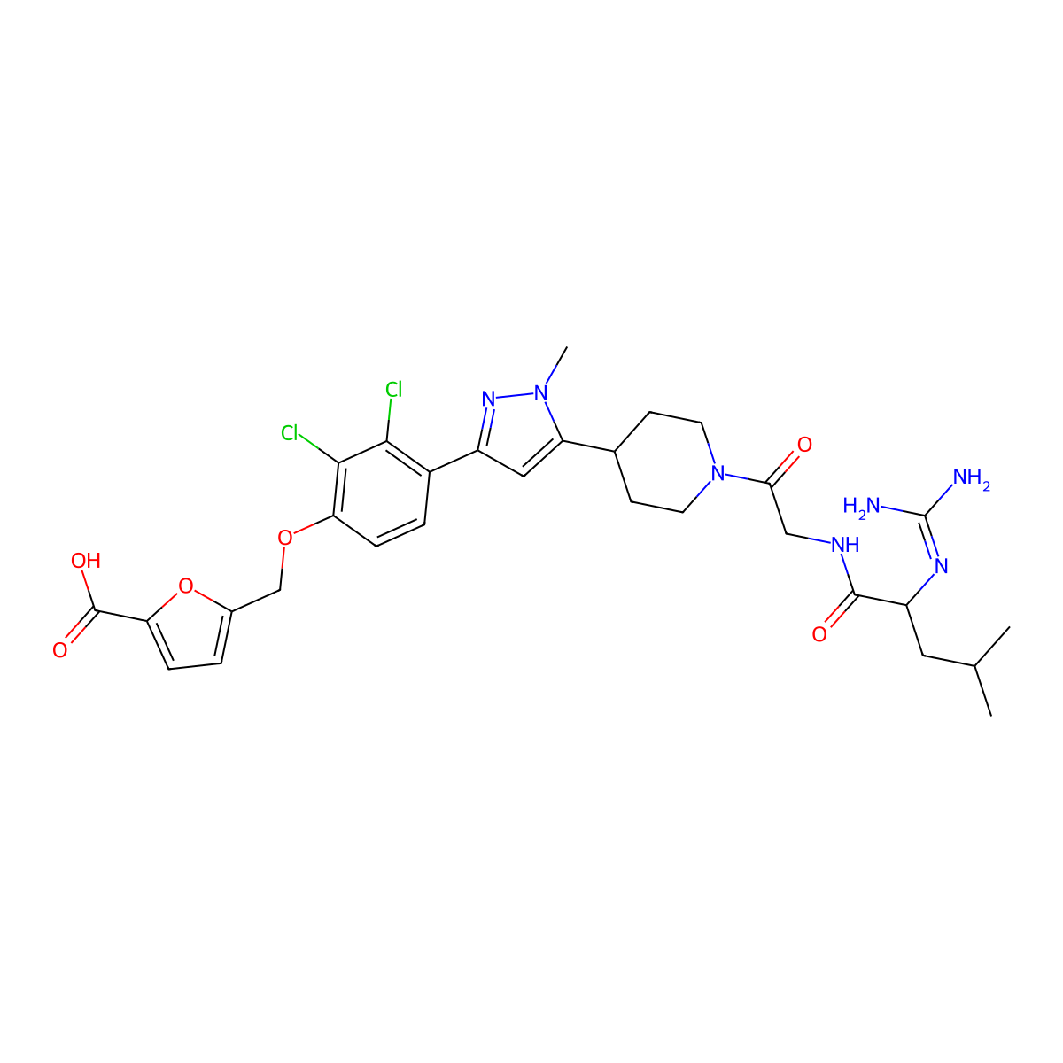 N(2)-carbamimidoyl-N-{2-[4-(3-{4-[(5-carboxyfuran-2-yl)methoxy]-2,3-dichlorophenyl}-1-methyl-1H-pyrazol-5-yl)piperidin-1-yl]-2-oxoethyl}-D-leucinamide molecular structure, CAS 515846-21-6