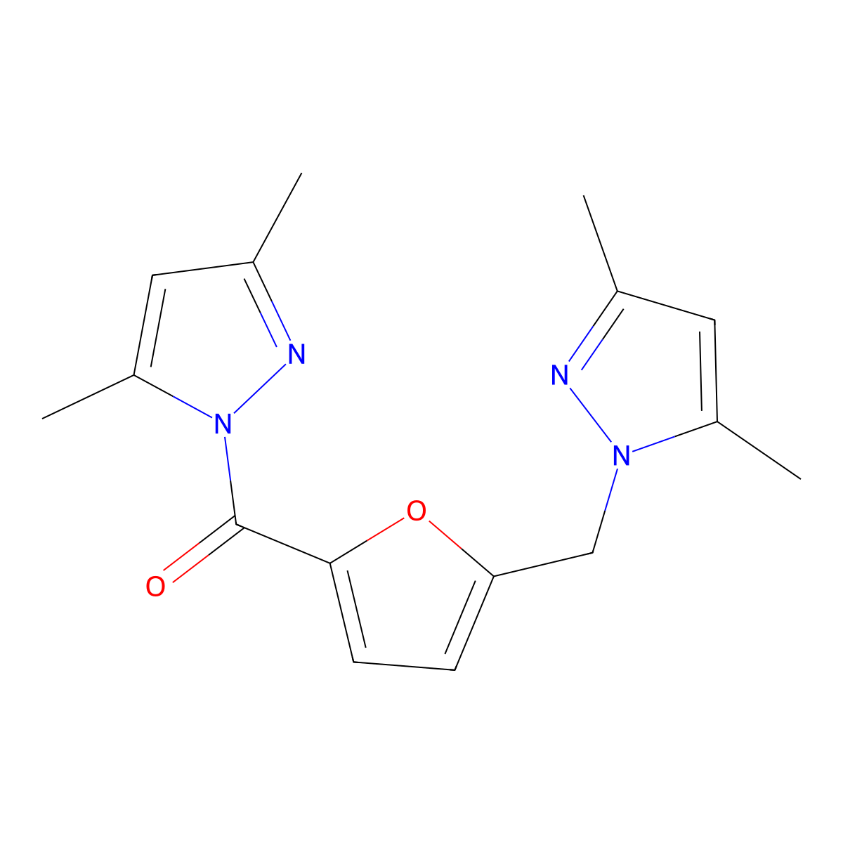 (3,5-Dimethylpyrazol-1-yl)-[5-[(3,5-dimethylpyrazol-1-yl)methyl]furan-2-yl]methanone molecular structure, CAS 515846-40-9
