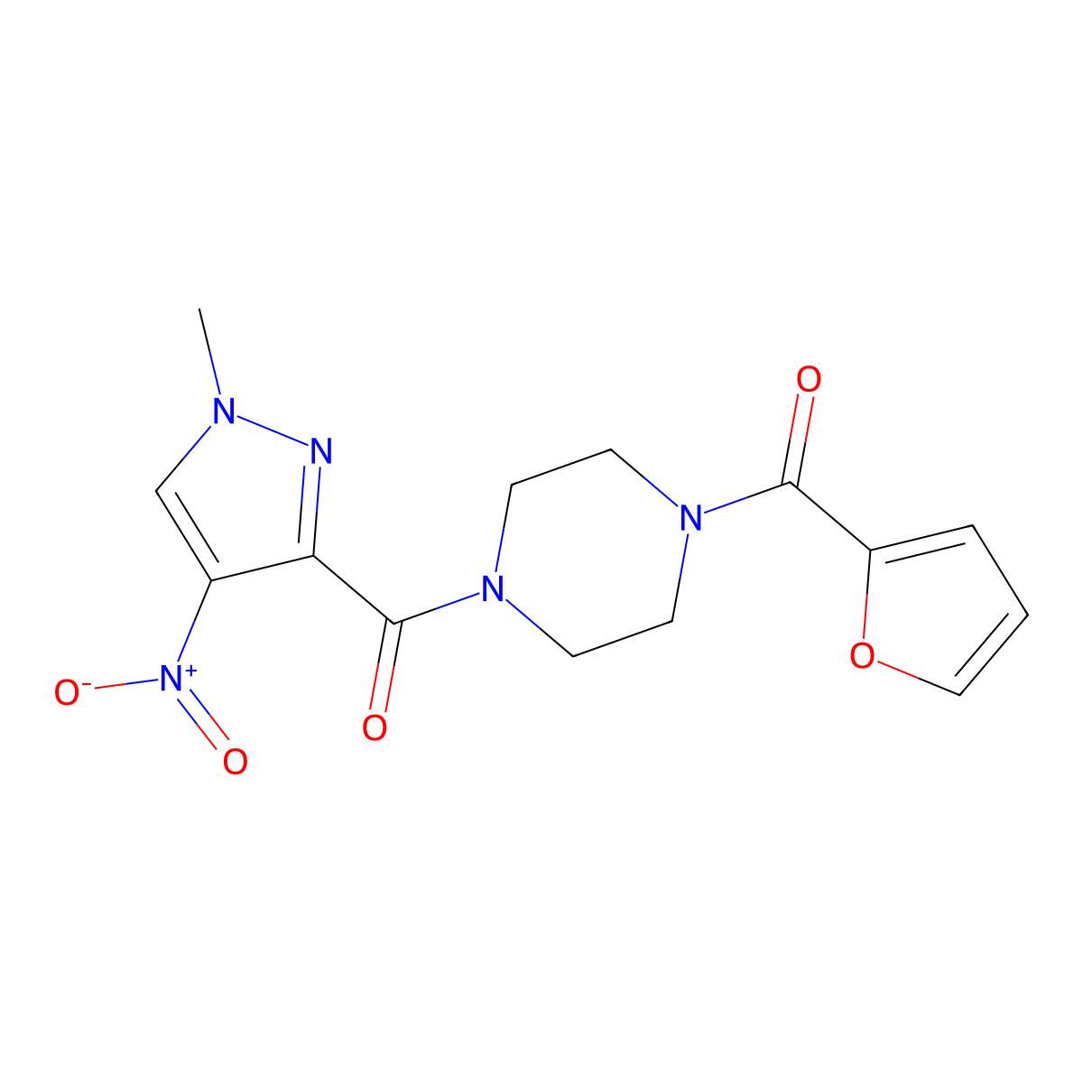 Furan-2-yl-[4-(1-methyl-4-nitropyrazole-3-carbonyl)piperazin-1-yl]methanone molecular structure, CAS 515846-98-7