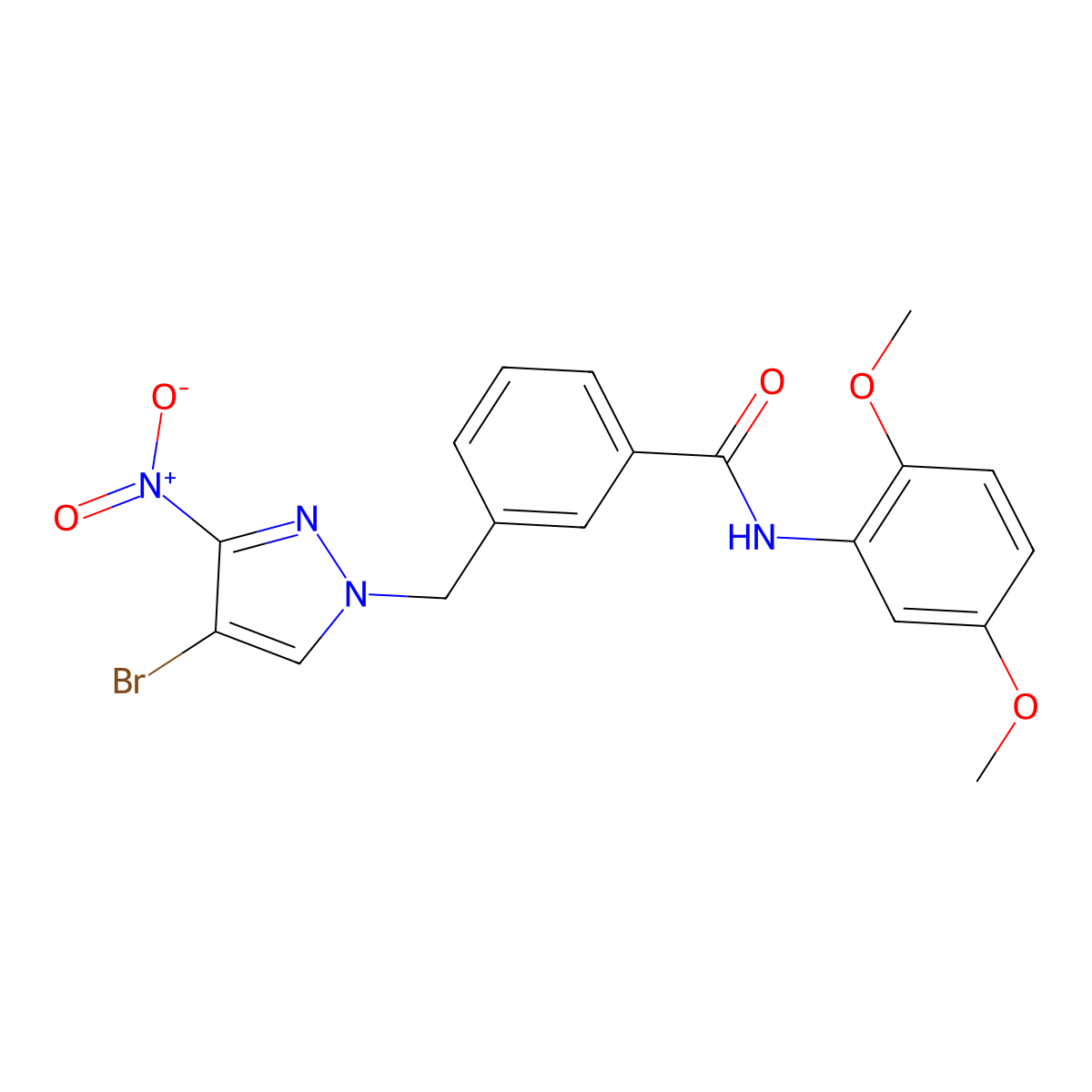 3-[(4-bromo-3-nitropyrazol-1-yl)methyl]-N-(2,5-dimethoxyphenyl)benzamide molecular structure, CAS 515847-06-0