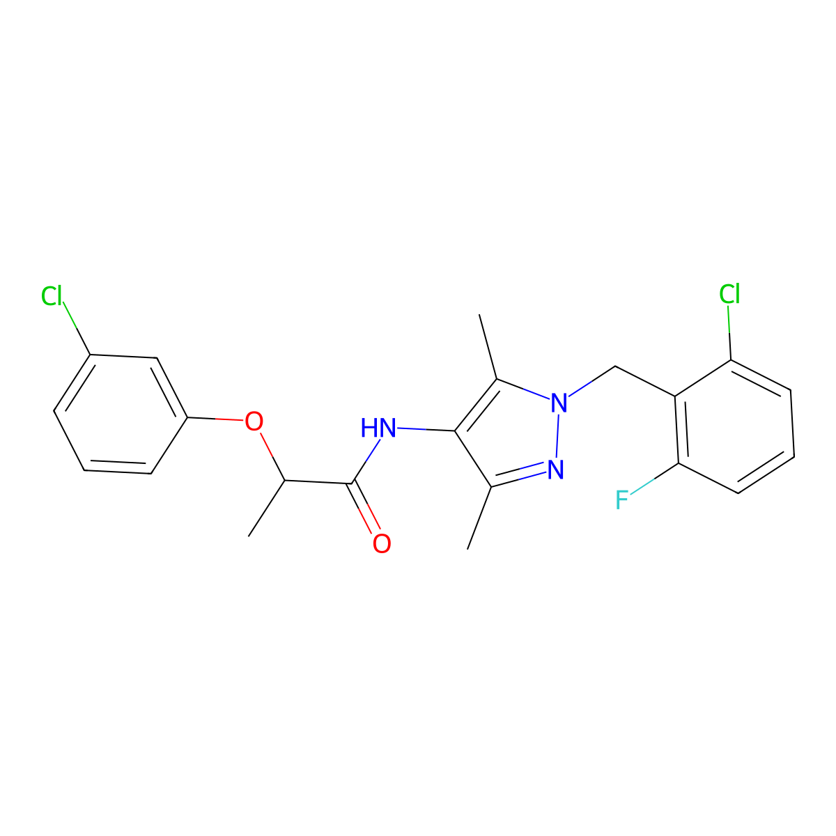N-[1-(2-chloro-6-fluorobenzyl)-3,5-dimethyl-1H-pyrazol-4-yl]-2-(3-chlorophenoxy)propanamide molecular structure, CAS 515847-10-6