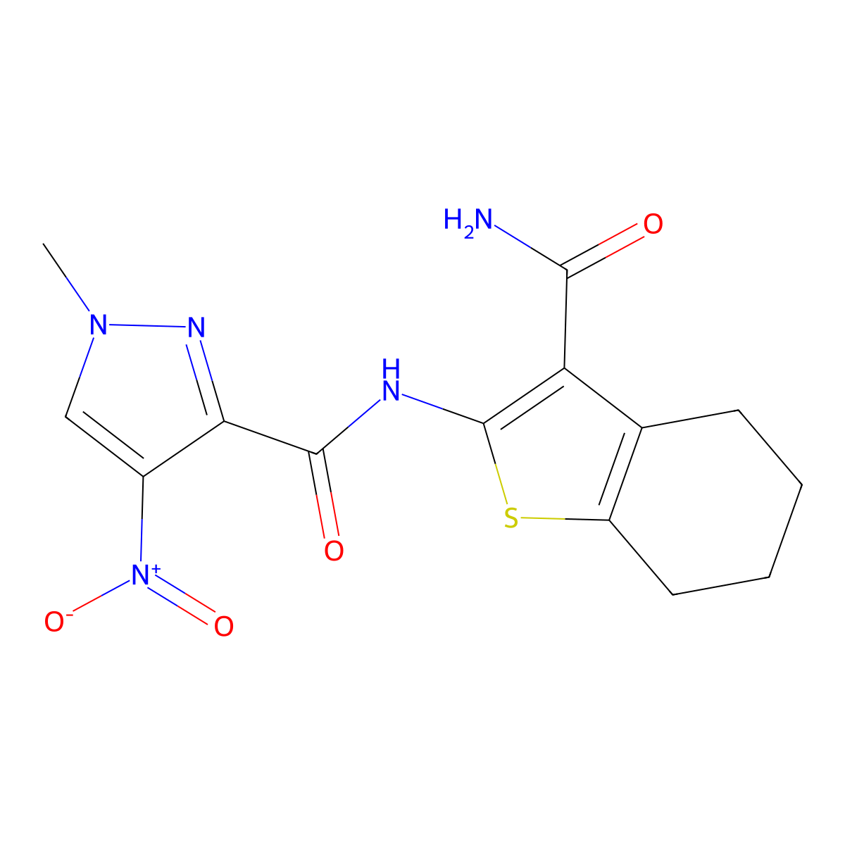 N-(3-carbamoyl-4,5,6,7-tetrahydro-1-benzothiophen-2-yl)-1-methyl-4-nitropyrazole-3-carboxamide molecular structure, CAS 515847-13-9