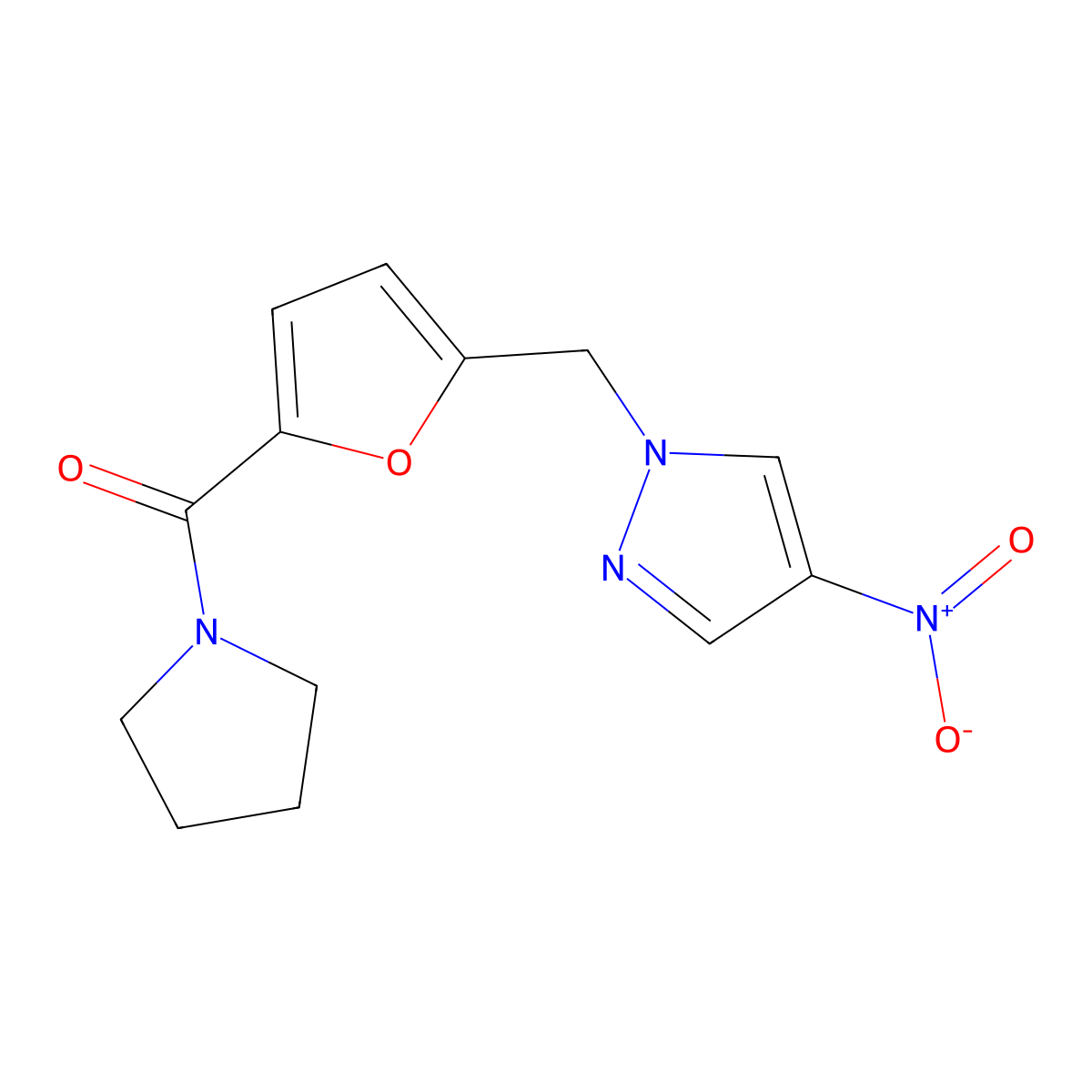 [5-[(4-Nitropyrazol-1-yl)methyl]furan-2-yl]-pyrrolidin-1-ylmethanone molecular structure, CAS 515847-42-4