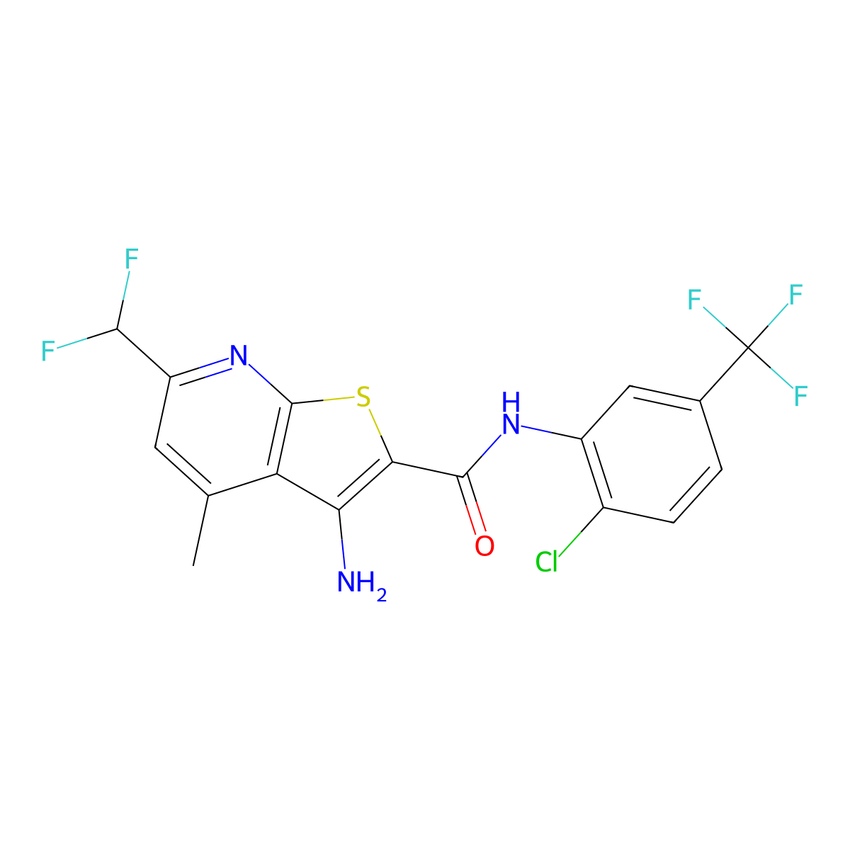 3-amino-N-[2-chloro-5-(trifluoromethyl)phenyl]-6-(difluoromethyl)-4-methylthieno[2,3-b]pyridine-2-carboxamide molecular structure, CAS 515847-96-8