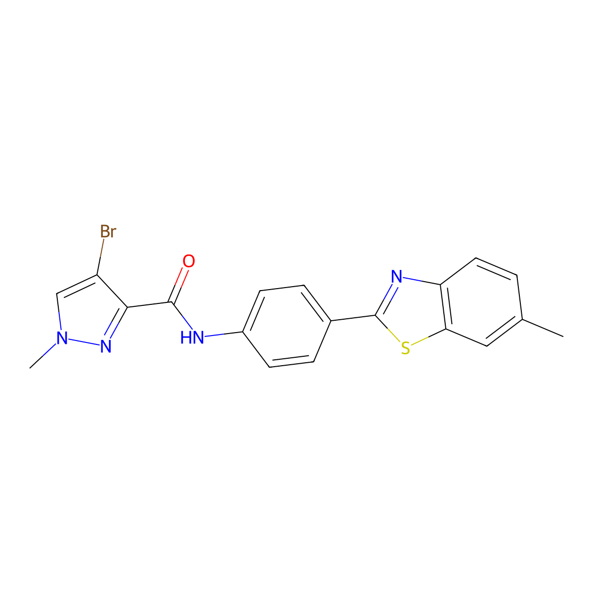 4-bromo-1-methyl-N-[4-(6-methyl-1,3-benzothiazol-2-yl)phenyl]-1H-pyrazole-3-carboxamide molecular structure, CAS 515848-14-3