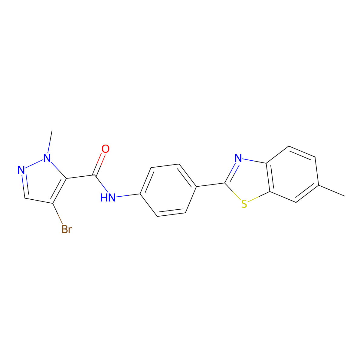 4-bromo-1-methyl-N-[4-(6-methyl-1,3-benzothiazol-2-yl)phenyl]-1H-pyrazole-5-carboxamide molecular structure, CAS 515848-27-8
