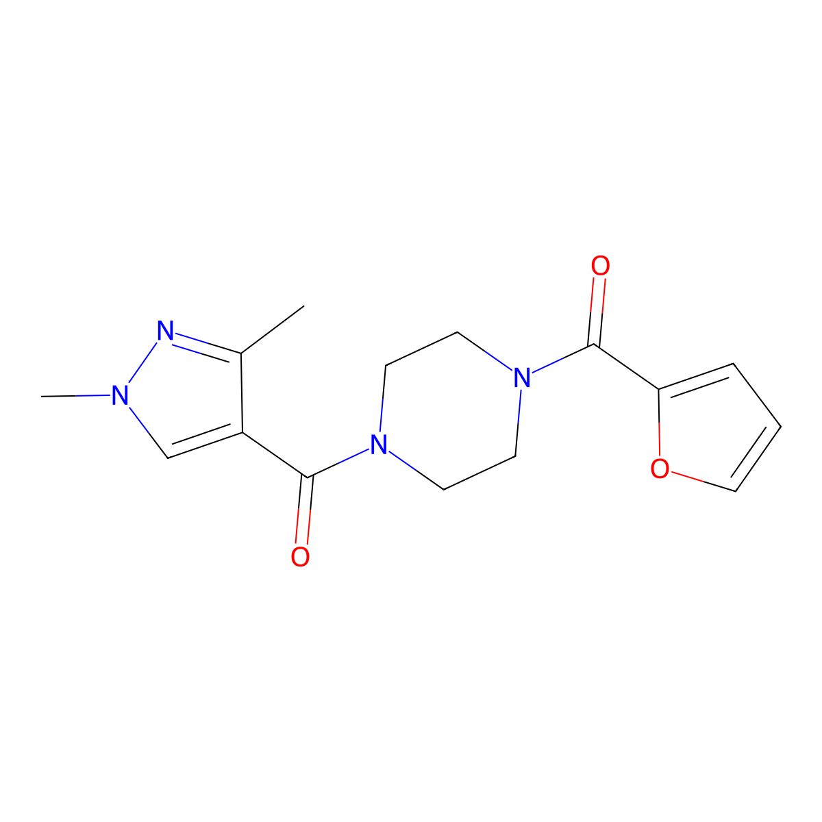 (1,3-dimethyl-1H-pyrazol-4-yl)(4-(furan-2-carbonyl)piperazin-1-yl)methanone molecular structure, CAS 515848-30-3