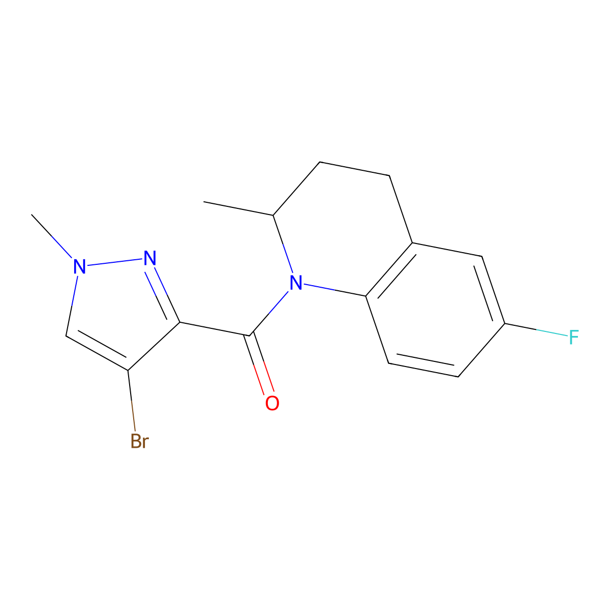 (4-bromo-1-methylpyrazol-3-yl)-(6-fluoro-2-methyl-3,4-dihydro-2H-quinolin-1-yl)methanone molecular structure, CAS 515848-42-7