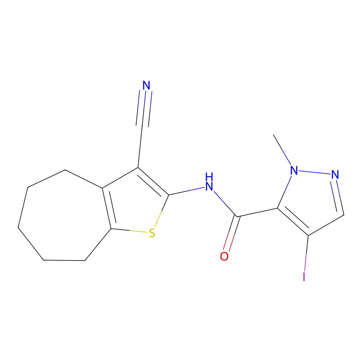 N-(3-cyano-5,6,7,8-tetrahydro-4H-cyclohepta[b]thiophen-2-yl)-4-iodo-2-methylpyrazole-3-carboxamide molecular structure, CAS 515848-54-1