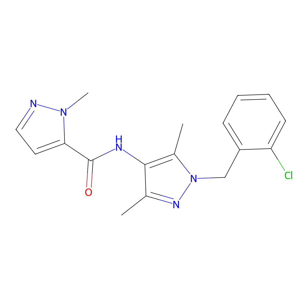 N-[1-(2-chlorobenzyl)-3,5-dimethyl-1H-pyrazol-4-yl]-1-methyl-1H-pyrazole-5-carboxamide molecular structure, CAS 515848-76-7