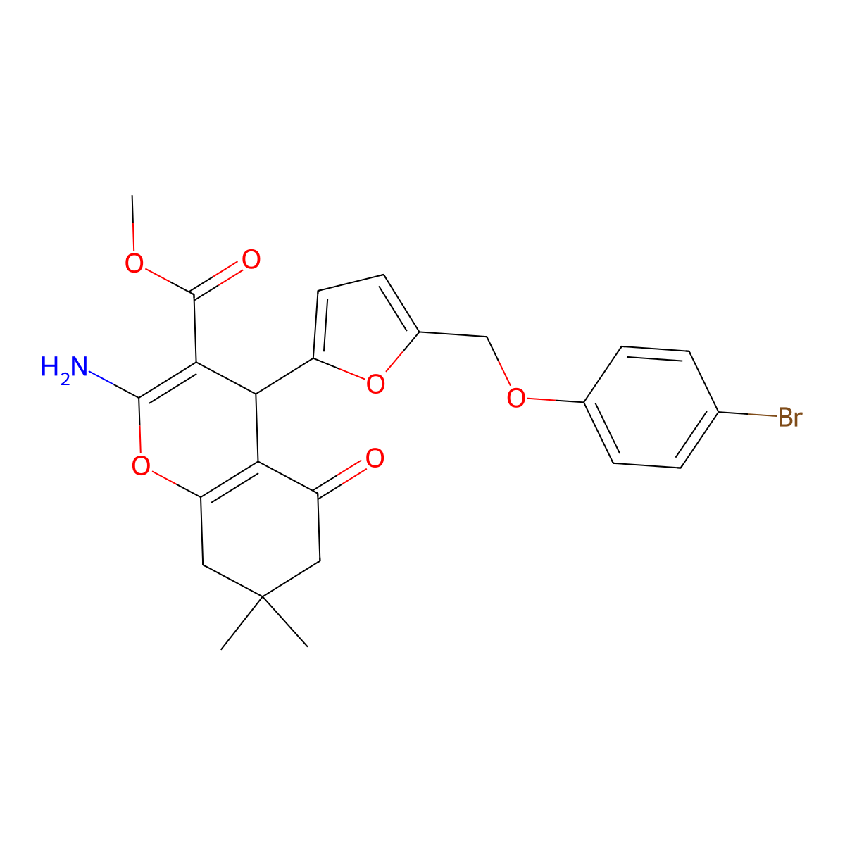 methyl 2-amino-4-{5-[(4-bromophenoxy)methyl]-2-furyl}-7,7-dimethyl-5-oxo-5,6,7,8-tetrahydro-4H-chromene-3-carboxylate molecular structure, CAS 515848-95-0