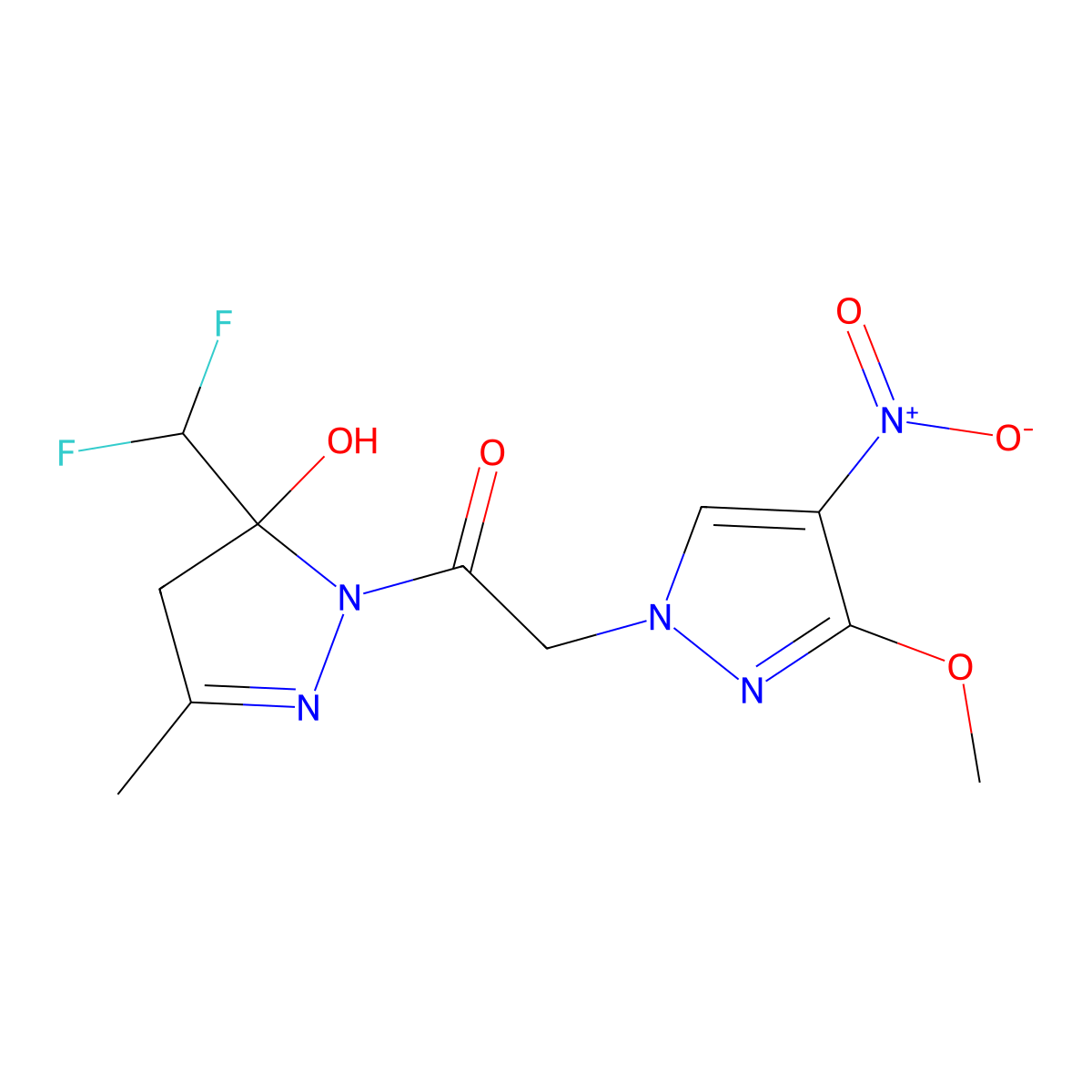 1-[5-(difluoromethyl)-5-hydroxy-3-methyl-4H-pyrazol-1-yl]-2-(3-methoxy-4-nitropyrazol-1-yl)ethanone molecular structure, CAS 515849-07-7