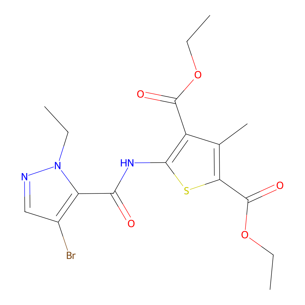 diethyl 5-{[(4-bromo-1-ethyl-1H-pyrazol-5-yl)carbonyl]amino}-3-methyl-2,4-thiophenedicarboxylate molecular structure, CAS 515849-11-3