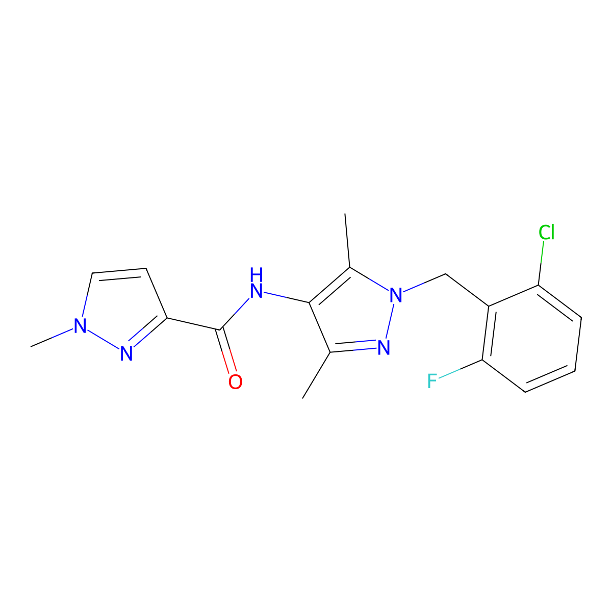 N-[1-(2-chloro-6-fluorobenzyl)-3,5-dimethyl-1H-pyrazol-4-yl]-1-methyl-1H-pyrazole-3-carboxamide molecular structure, CAS 515849-15-7
