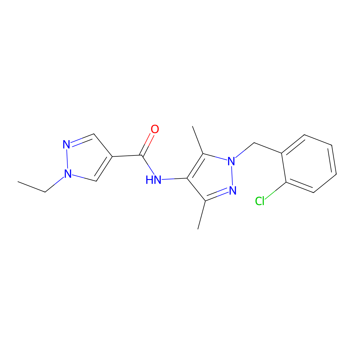 N-[1-(2-chlorobenzyl)-3,5-dimethyl-1H-pyrazol-4-yl]-1-ethyl-1H-pyrazole-4-carboxamide molecular structure, CAS 515849-25-9